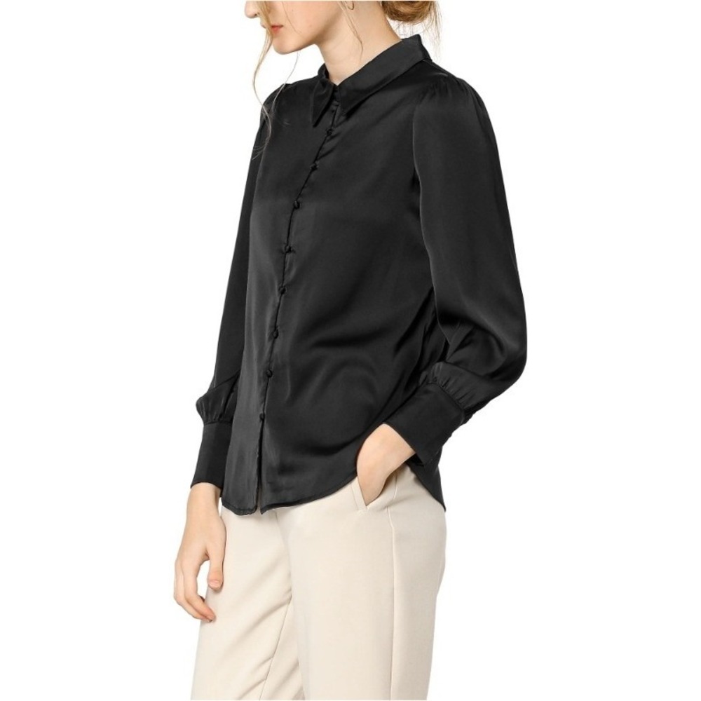Allegra K Satin Button Down‎ Shirt Long Sleeve Collared Blouse Top Small NWT